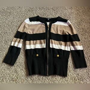 Cable & Gauge Black Tan Striped Cardigan Zip Up Size PM Women's Winter Jacket